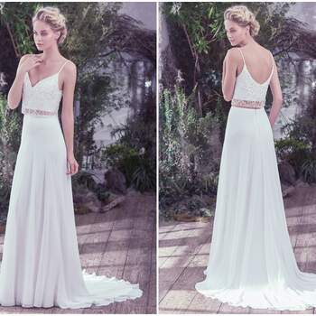 Effortlessly chic, this Arlo chiffon and tulle two-piece wedding dress, with a Swarovski crystal and tonal bead embellished bodice overlay and sheer midriff, adds an ethereal twist to this classic sheath silhouette. Complete with a soft V-neckline and scoop back. Finished with zipper closure.

<a href="https://www.maggiesottero.com/maggie-sottero/griffyn/9762" target="_blank">Maggie Sottero</a>