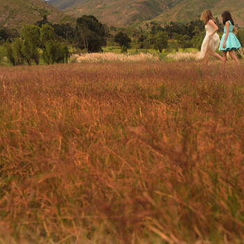 Preciosa foto a base del juego de colores de la novia, sus damas y el campo. Foto: Juya fotógrafos.