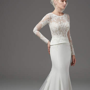 Sophisticated yet sexy, this long-sleeved Yolina Crepe fit-and-flare features an illusion bodice of textured netting, an illusion sweetheart neckline, and a peplum waist, all accented with lace appliqués. A sheer tulle godet, also accented with lace appliqués, adds a touch of romance to the gown's train. Finished with covered buttons over zipper closure. 
<a href="https://www.maggiesottero.com/sottero-and-midgley/harlow/10230?utm_source=mywedding.com&amp;utm_campaign=spring17&amp;utm_medium=gallery" target="_blank">Sottero and Midlgey</a>