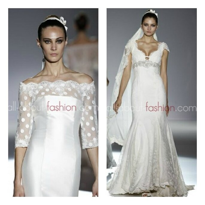 A gauche, robe col bateau, manches 3/4, dentelle et pois ; a droite, robe de mariée classique avec ceinture en strass. Photo: all-about-fashion.com