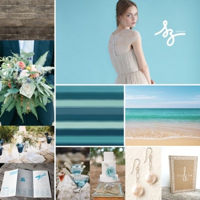 Collage de inspiración para decorar tu boda con el color azul turquesa - Foto weloveyu.com, lovelybride.com, stylemepretty.com. Diseño de Raisa Torres para SZ Eventos 