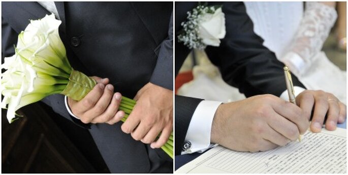 Due momenti in cui le mani sono in primo piano sono la consegna del bouquet alla sposa e il momento delle firme dopo il sì. Foto New Image Officina d'Immagine