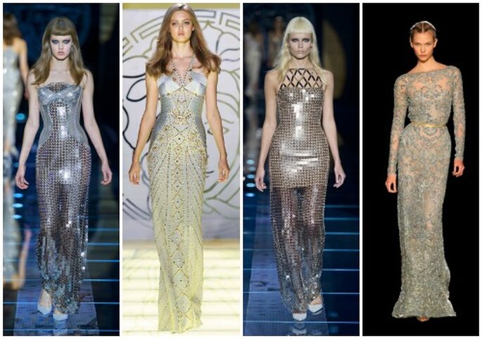 Cuatro propuestas de vestidos con efecto plata, para las novias que no se ven en las colecciones más tradicionales. Los tres primeros y el último son Atelier Versace, Elie Saab Alta Costura octubre / Inv. 2012-13.