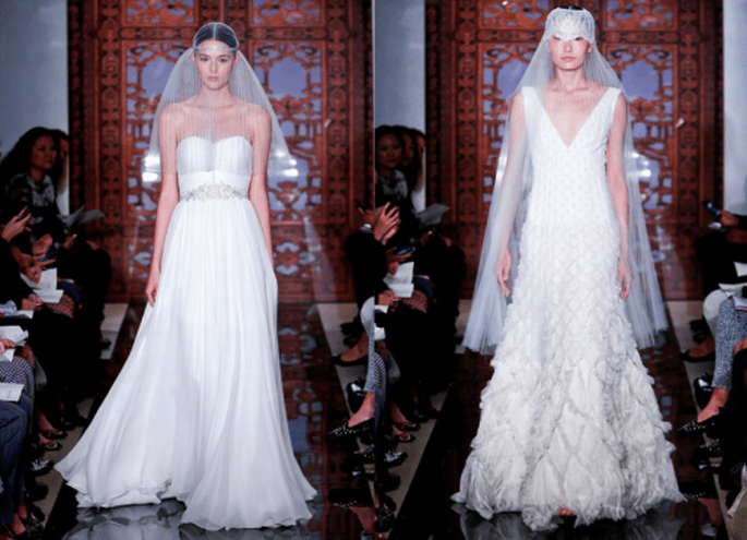 Vestidos de novia con tendencia vintage, aplicaciones de pedrería y caudas pequeñas con caídas elegantes - Foto Reem Acra