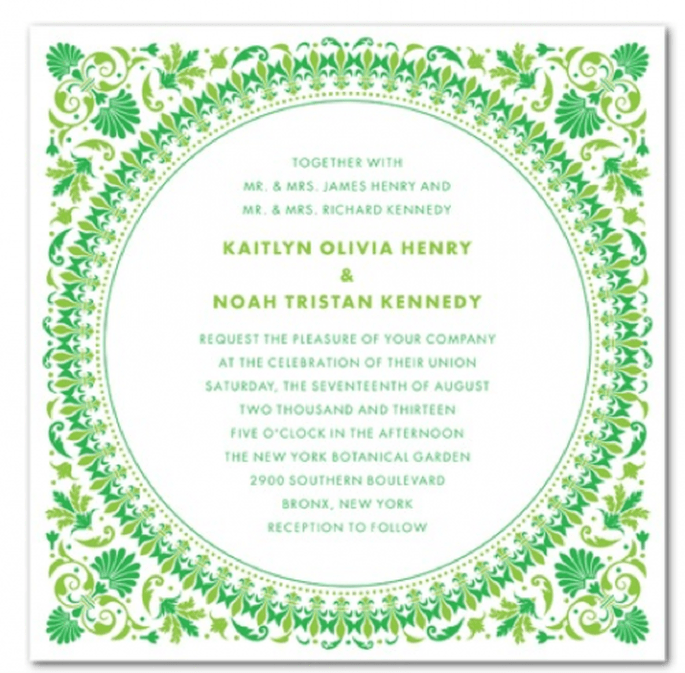 Invitación de boda con marco e ilustraciones en color verde esmeralda - Foto Wedding Paper Divas