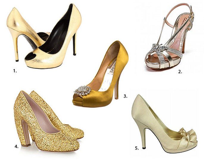 Sapatos dourados: 1. Alexander McQueen. 2. Aruna Seth. 3. Bagdley Mischka. 4. Miu Miu 5. Nina