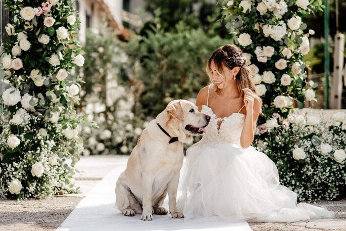 Una sposa e il suo cane tra fiori bianchi Roberto Iodice Photography