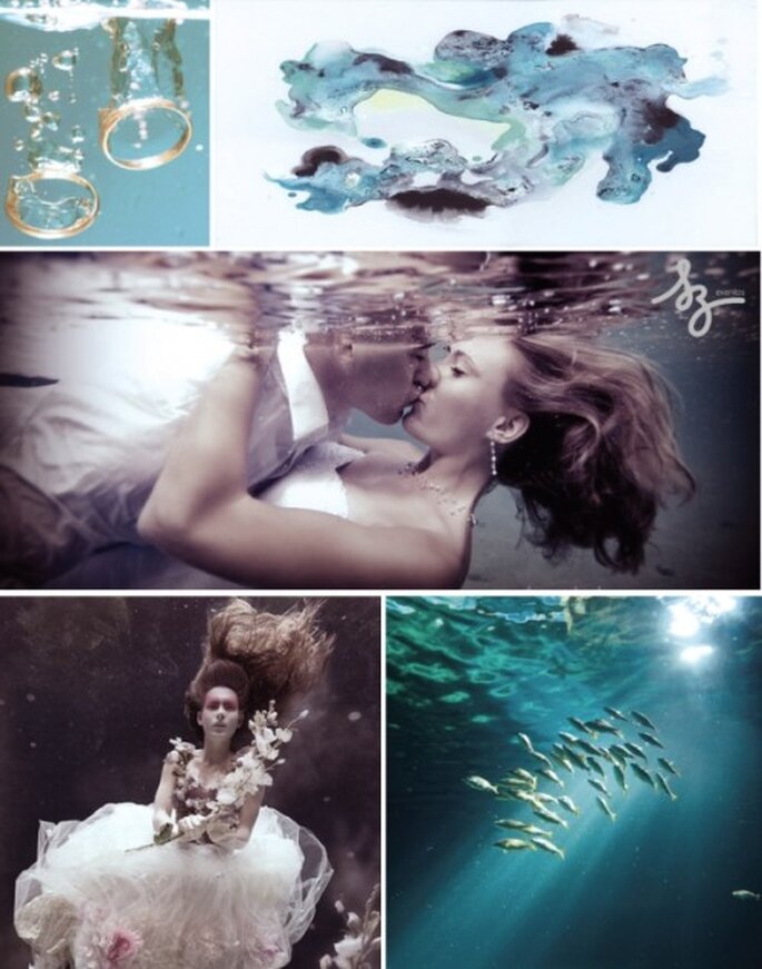 Collage de inspiración en Agua para decorar una boda. Fotos de Sachablue.com, Fashionbride,  Designsponge