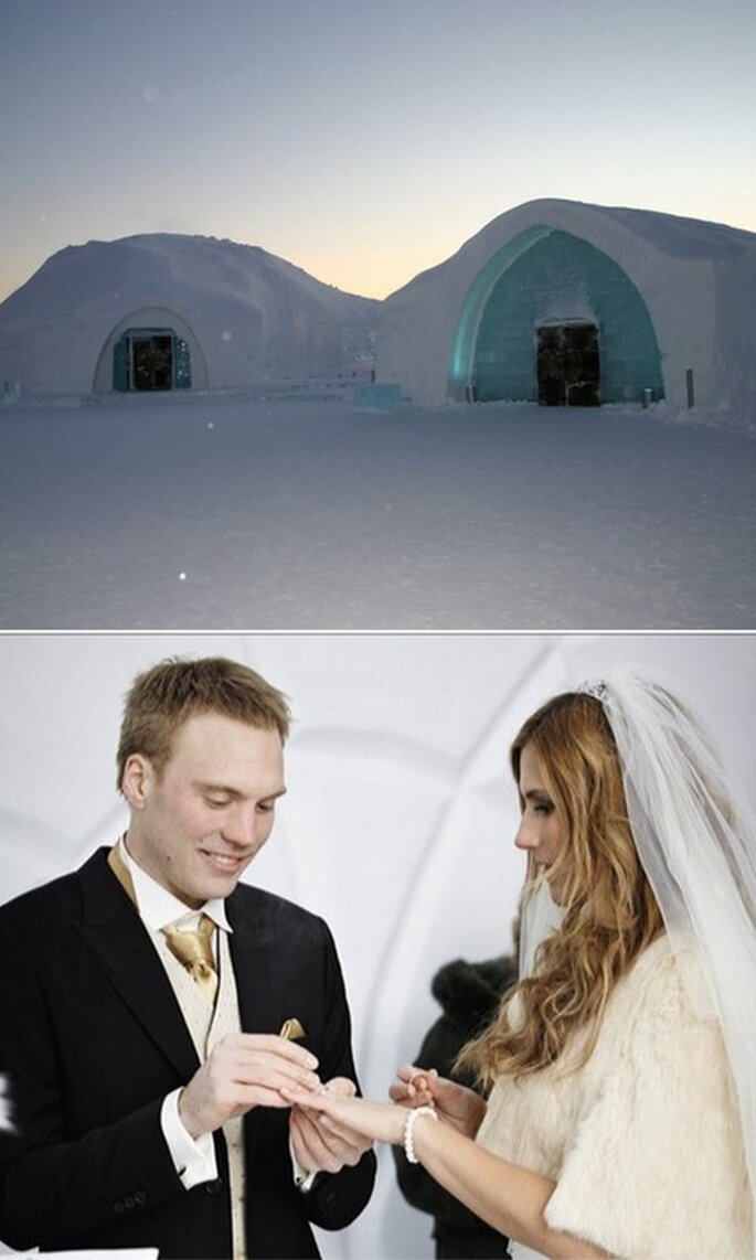 Images de l'hôtel de glace. Photo de l'entrée : Stephan Herz - www.sherz.net. Photo du mariage : Hans-Olof Utsi