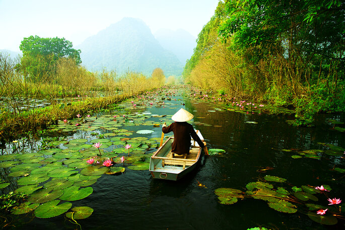 Vietnam homem num barco num lagoa com nenufares