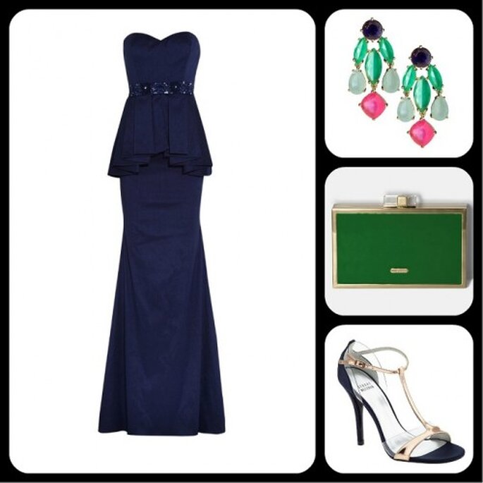 Complementa el vestido con accesorios trendy y relucientes - Fotos: vestido de Badgley Mischka, aretes de Kate Spade New York, clutch de Vince Camuto y sandalias de Stuart Weitzman