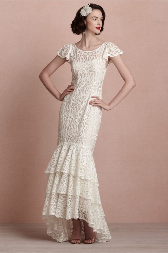 Vestido de novia 2014 en color blanco con mangas cortas y texturas de encaje - Foto BHLDN