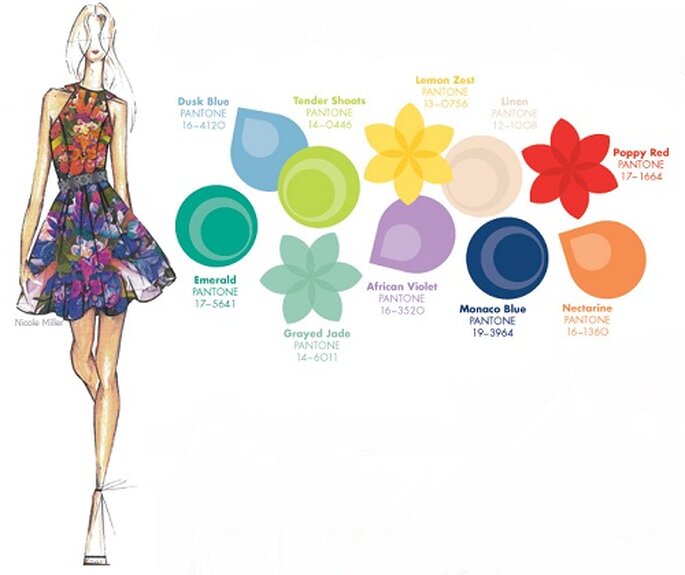 Les couleurs à la mode au printemps 2013, selon Pantone. Illustration: Nicole Miller. Photo: Pantone