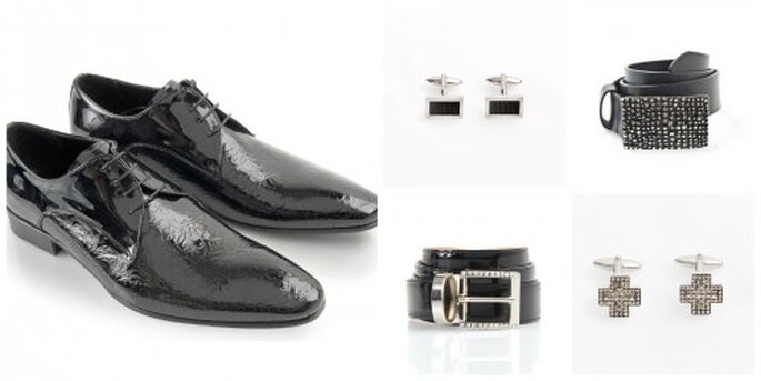 Chaussures, ceinture et boutons de manchettes. Jean de Sey propose des lignes d'accessoires complémentaires. Photo: Jean de Sey,
