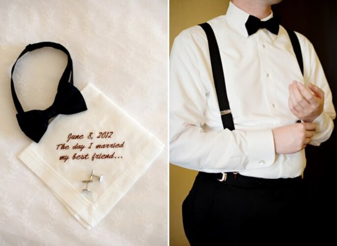 Detalle del traje y pañuelo que usó Matthew en su boda - Foto Jen Lynne