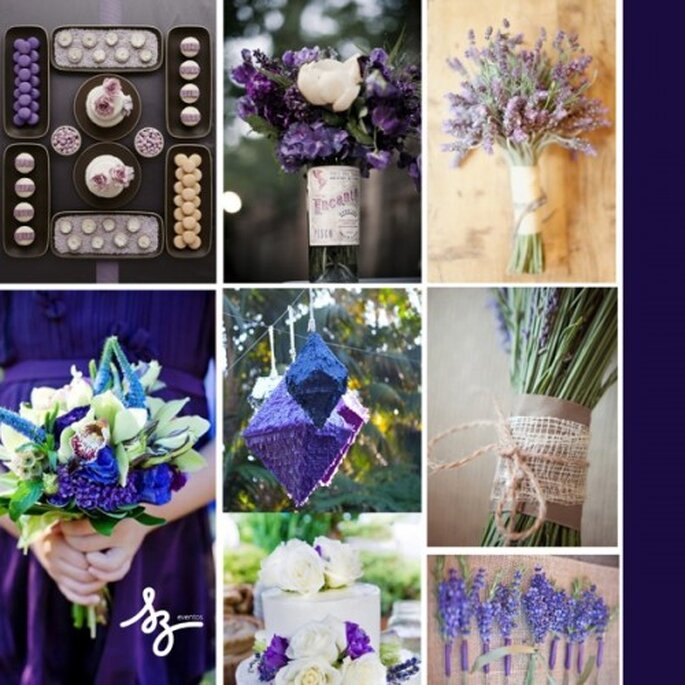 Collage de inspiración para decorar tu boda con el color violeta - Foto Style Me Pretty y Sbchic.com