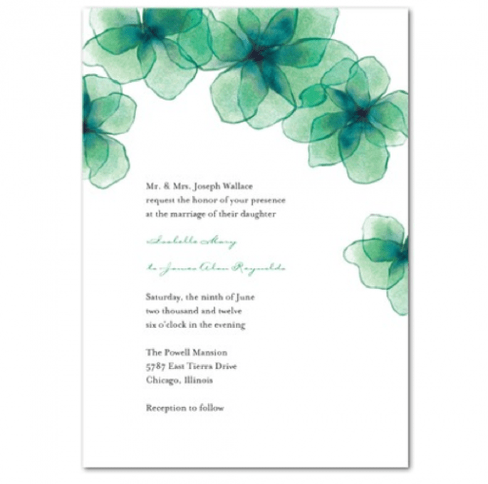 Invitación de boda con flores en color verde esmeralda y azul - Foto Wedding Paper Divas