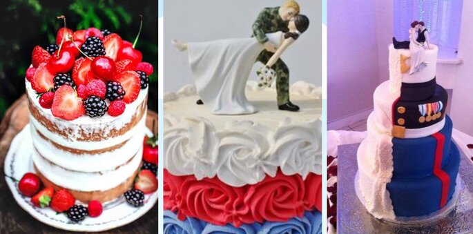 Nude cake et gâteau de mariage militaire bleu, blanc, rouge 