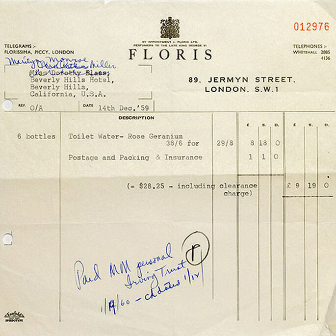 La factura a nombre de Marilyn Monroe, recientemente descubierta en los archivos de Floris. Foto: Floris