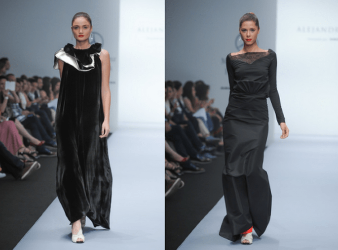 Vestidos de fiesta largos en color negro con escotes extendidos y detalles de terciopelo - Foto Mercedes Benz Fashion Week México
