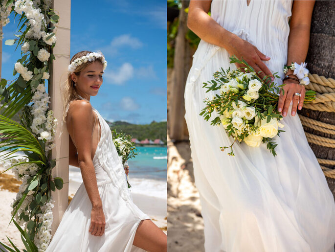 photo montage de la mariée sur la plage son bouquet à la main