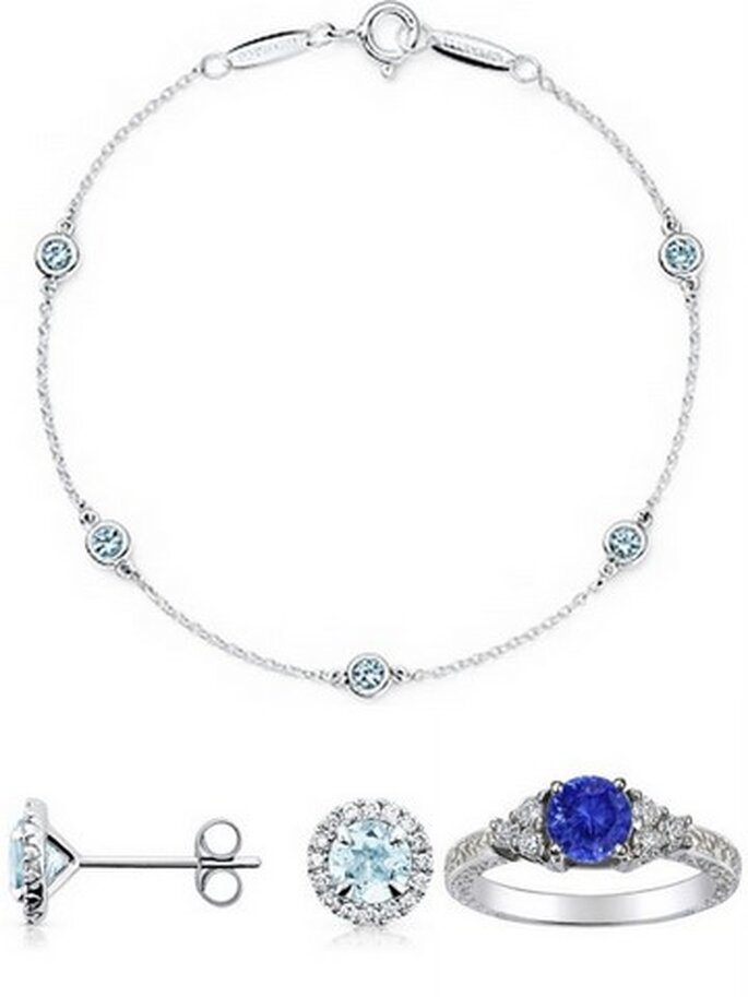 Haut : Elsa Peretti Color - the Yard bracelet, Tiffany & Co. Bas gauche : Boucles d'oreille aigue-marine et diamant en or blanc, Blue Nile. Bas droite : Bague saphir et diamant, Brilliant Earth