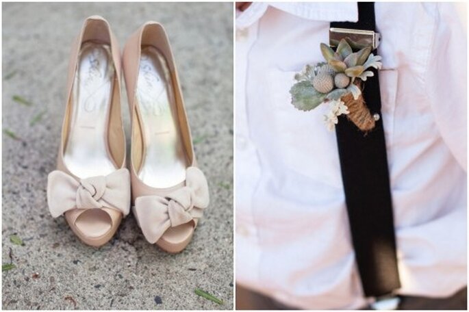 Boutonniere y zapatos de la novia en color nude - Foto Kaysha Weiner Photography