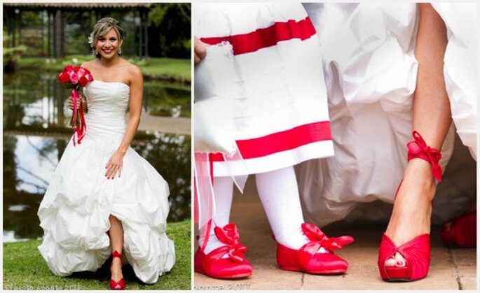 Un espectacular toque rojo en los zapatos, el ramo y los vestidos de los pajecitos. Diseño: Catalina Bayona. Fotos: Ernesto Aponte 