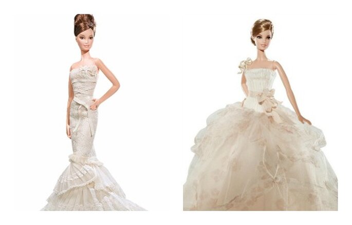 Due interpretazioni di Vera Wang la barbie sposa romantica a sinistra e tradizionalista a destra. Foto www.barbiecollector.com