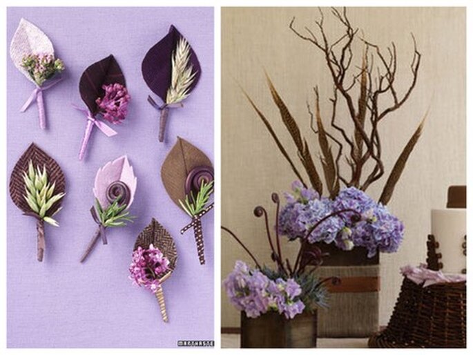 Braun kann toll mit Lavendel oder Blau kombiniert werden. Foto links: Martha Stewart Weddings. Foto rechts: Antonis Achilleos