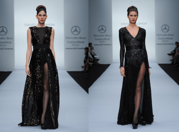 Vestidos de fiesta largos en color negro con aberturas en la pierna y lindos escotes - Foto Mercedes Benz Fashion Week México