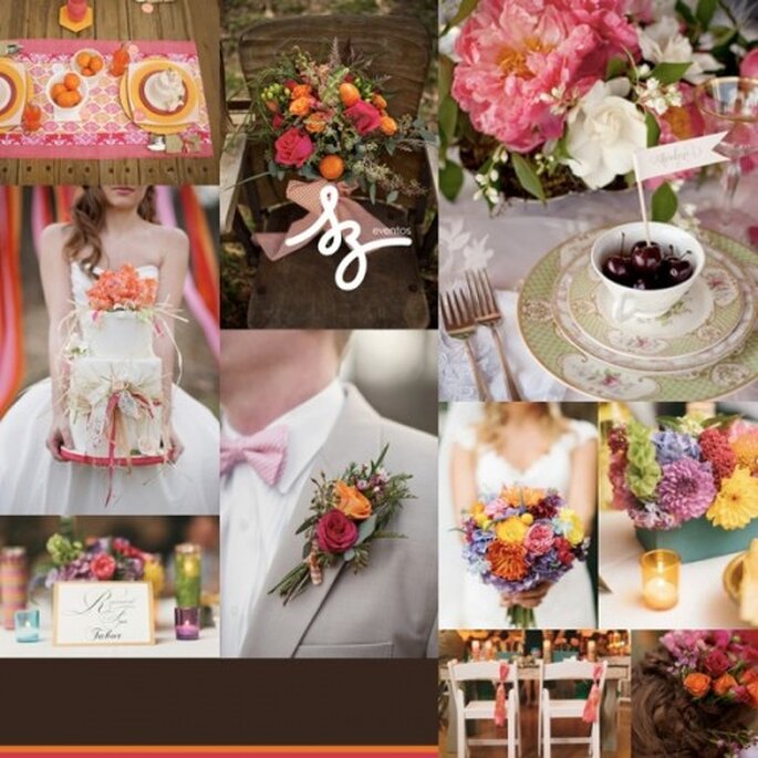 Collage de inspiración para una boda colorida y llena de vida - Fotos antiquariadesignstudio.com, societybride.com. Diseño de Raisa Torres para SZ Eventos