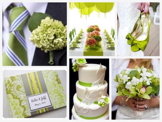 Decoración de bodas con el tono cerde de las plantas - Foto Groom's tie & bout, Green place settings, Green shoes, Green guest book, Wedding cake, Bride's bouquet
