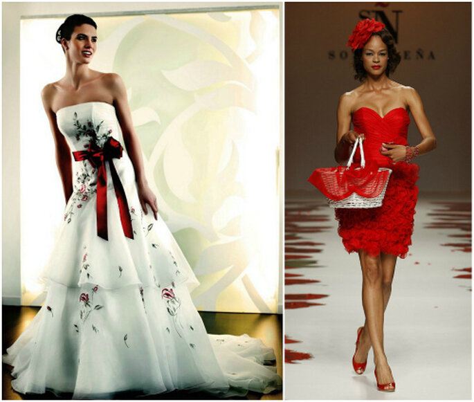 Links im Bild: Brautkleid mit roten Details von Penhalta. Rechts: kurzes rotes Brautklein von Sonia Peña. Foto: Barcelona Bridal Week