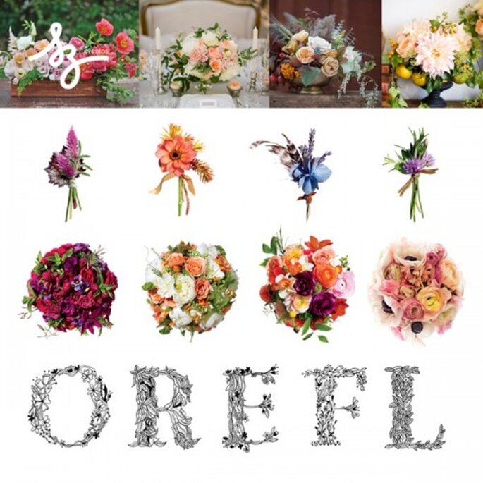 Collage de inspiración con flores para tu boda - Fotos: betype.com, brides.com - Diseño de Raisa Torres para SZ Eventos