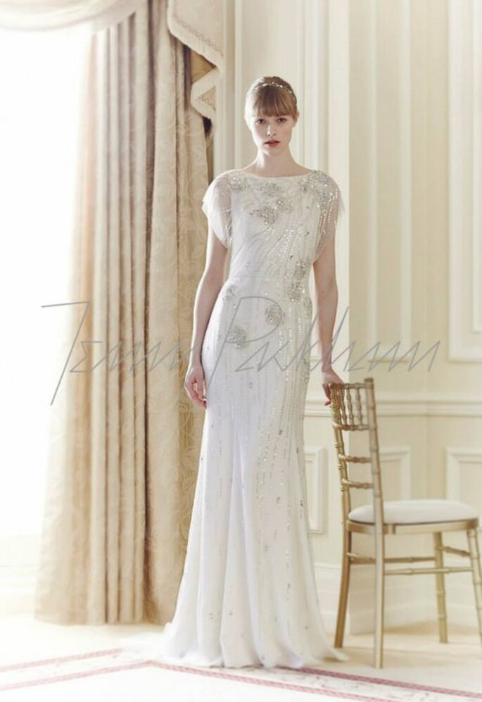 Vestido de novia 2014 en color blanco con mangas cortas y cuello ojal - Foto Jenny Packham