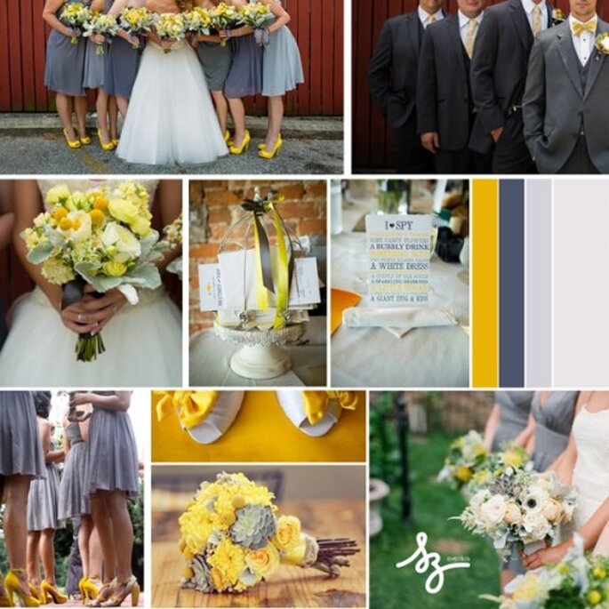 Collage de inspiración para decorar tu boda con colores amarillo y gris - Foto Wedding Wire y Style Me Pretty