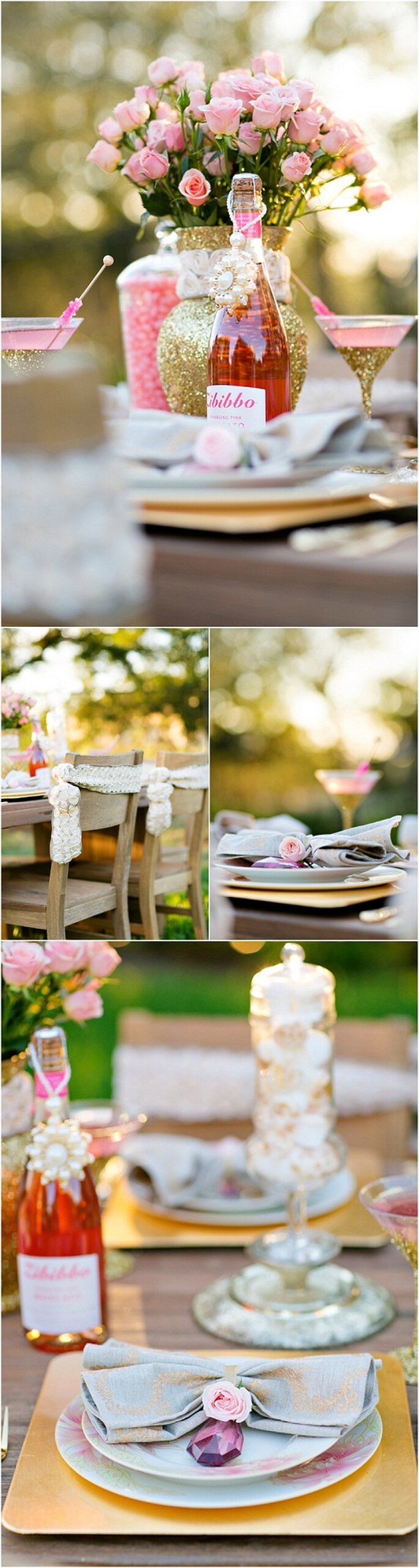 Copas de martini y centros de mesa con detalles dorados - Foto: Set Free Photography