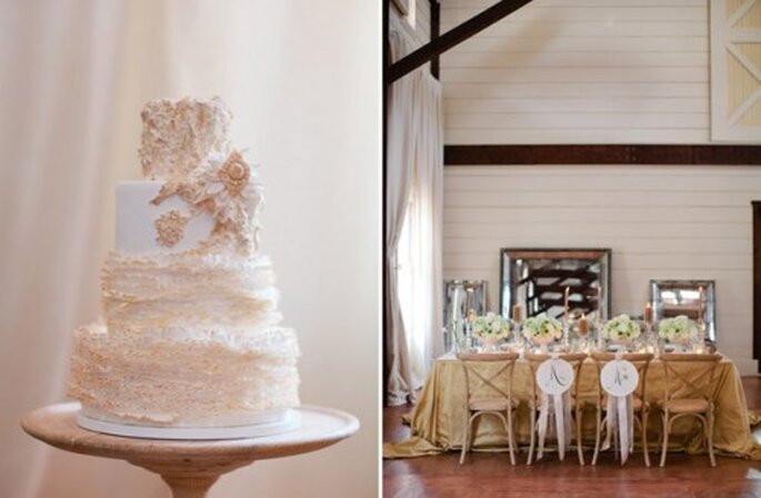 Montaje y pastel de bodas con detalles en color nude - Foto Eric Kelley Photography