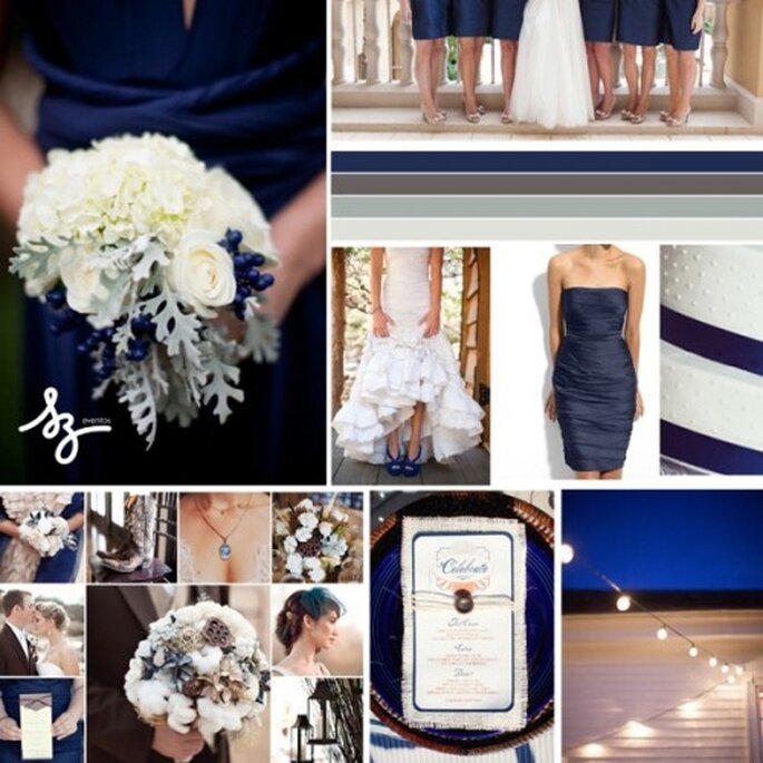 Collage de inspiración para decorar tu boda con tonos azul intenso - Foto Wedding Wire y Blushing Bride Blog