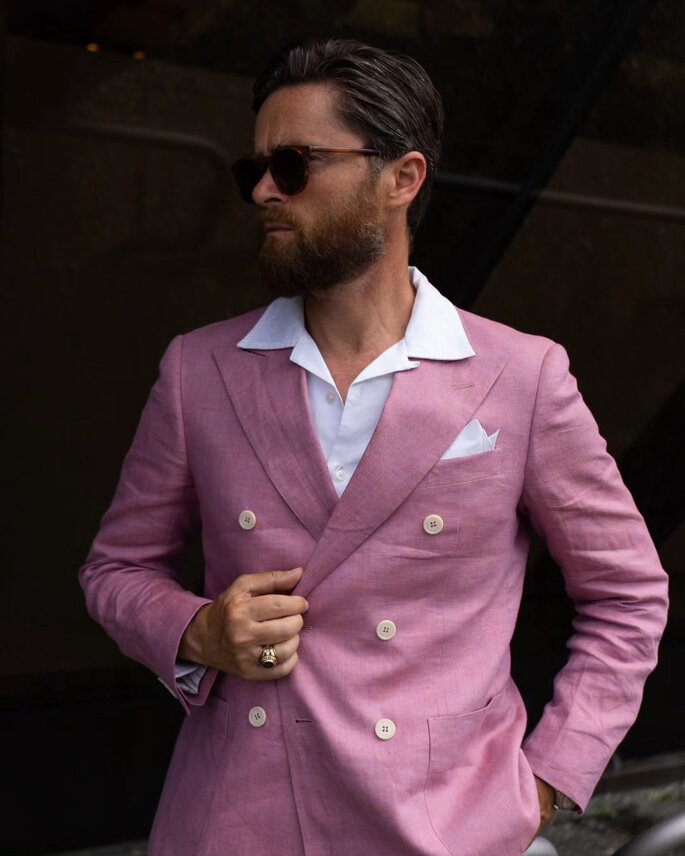costume pour homme personnalisé en lin rose