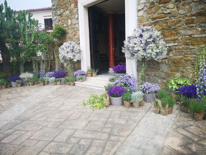 ingresso tenuta, mazzi di fiori, piante in fiore in vaso e piante aromatiche
