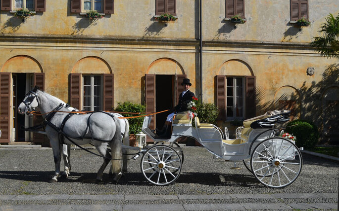 Villa Valentina, carrozza e cavalli bianchi di fronte all'entrata