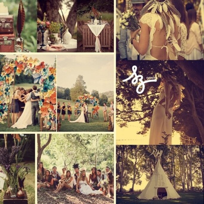 Collage de inspiración para una boda rodeada de amigos - Fotos: bulletwithbutterflywings.ca, thesweetestoccasion.com, greenweddingshoes.com, Diseño de Raisa Torres para SZ Eventos