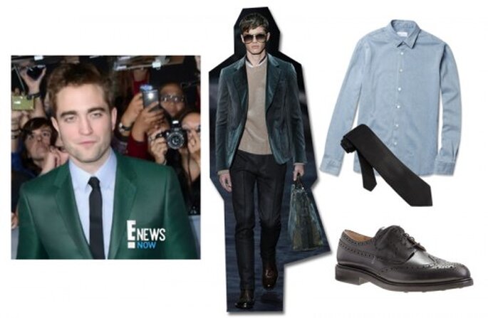 Inspírate en Robert Pattinson para tu estilo de novio - Foto ENews YouTube, traje Gucci Twitter, camisa mrporter.com, corbata ties.com, zapatos JCrew