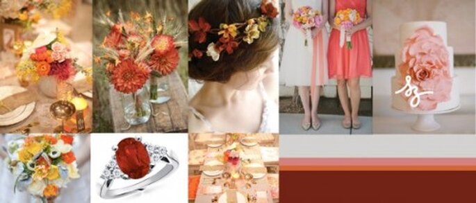 Collage de inspiración para decorar tu boda con flores en colores cálidos - Foto lovelybride.com, inspiredbythis.com, bashplease.com- Diseño de Raisa Torres para SZ Eventos