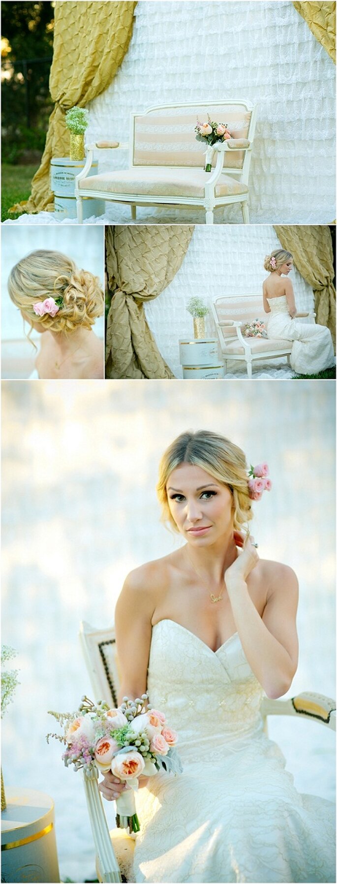 Escenario para fotos de boda con cortina en color dorado - Foto Set Free Photography
