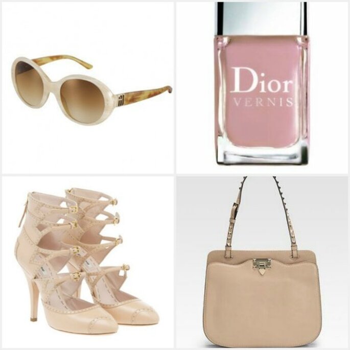 Accessoires couleur nude : Lunettes de soleil Ralph Lauren, vernis Dior, bottines Miu Miu et sac Valentino 