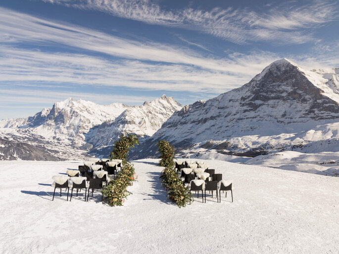 Symbolic ceremony in winter in the mountains with view of Jungfrau