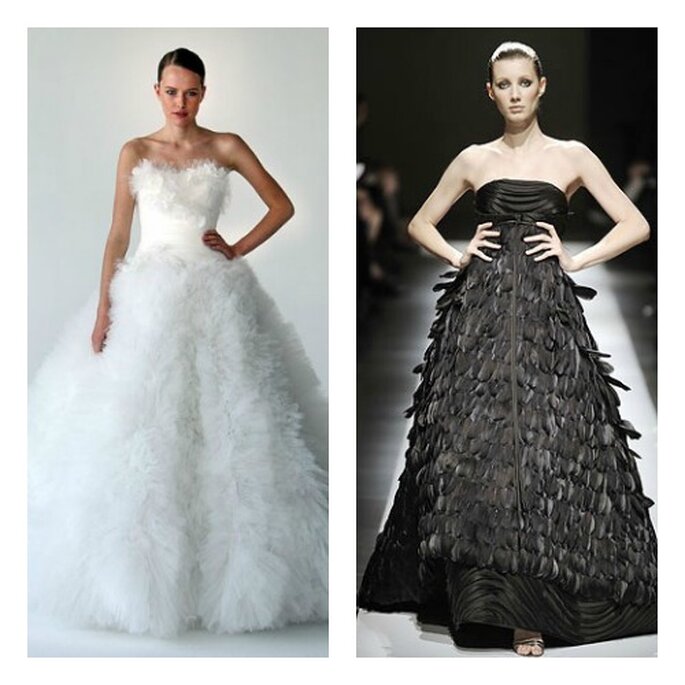 A gauche, robe de mariée Marchesa en plumes ; à droite, robe de mariée noire et à plumes Chado Ralph Rucci - Photo: missaetocadosycomplementos.blogspot.it